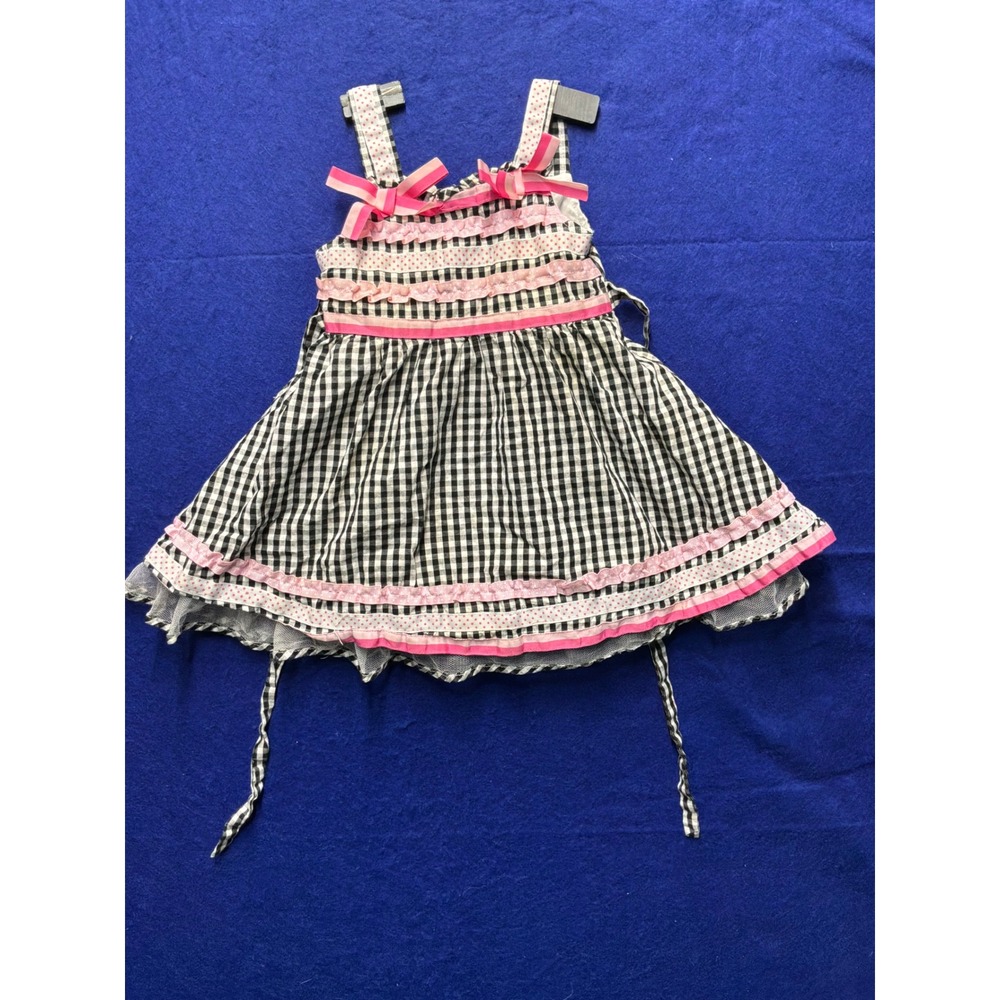 Cottagecore Toddler Nannette Girl Gingham Ruffle Bow Dress 2T Black Pink